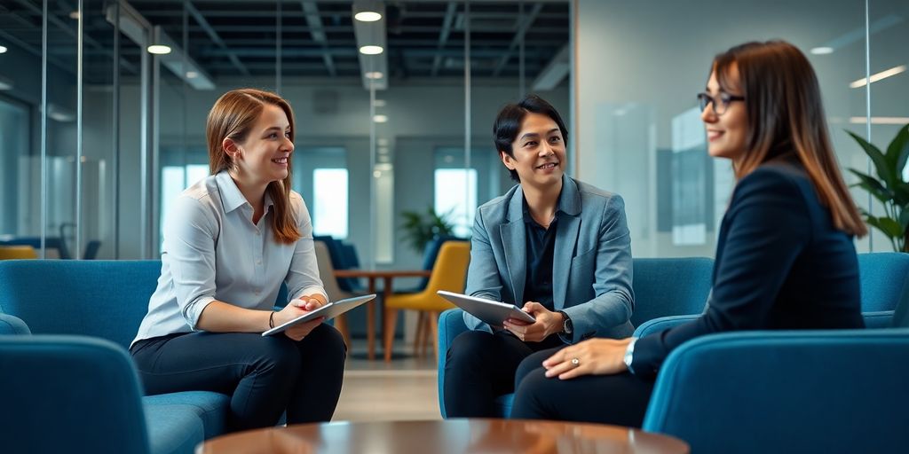 Büro mit Personalvermittlern und Kandidaten im Gespräch.