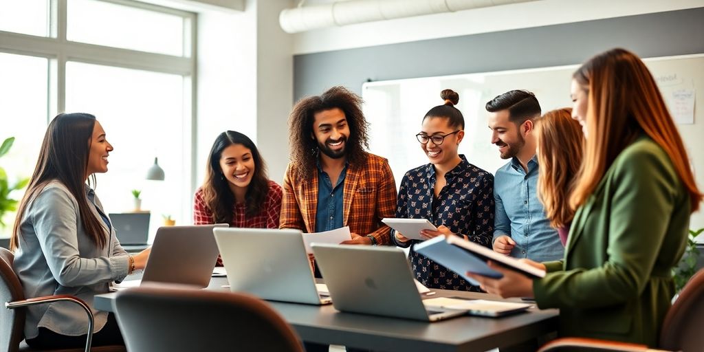 Equipe diversificada colaborando em ambiente de marketing moderno.