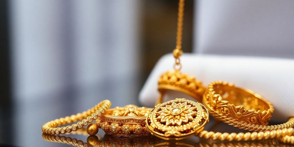 Bijoux en or sur fond flou, mettant en valeur leur éclat.
