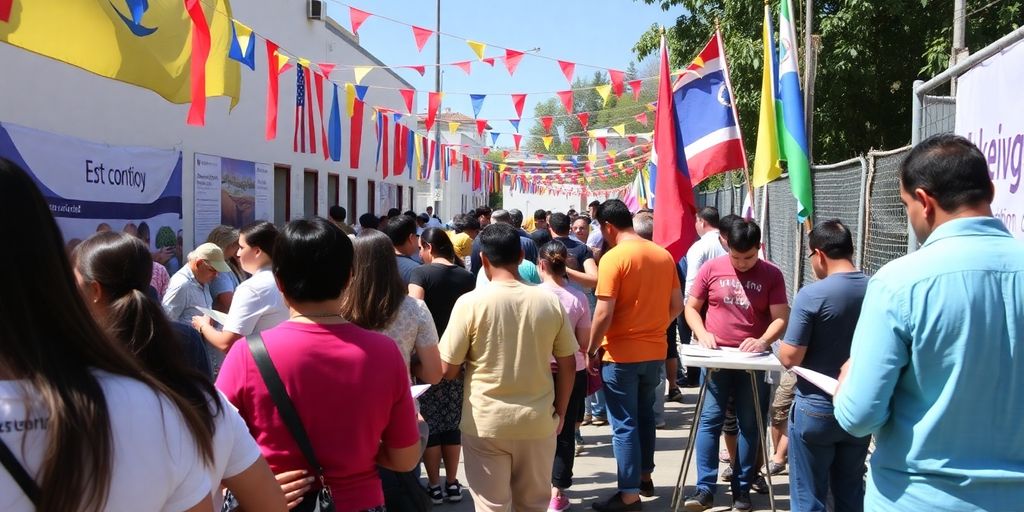 Voters gather outside a polling station.