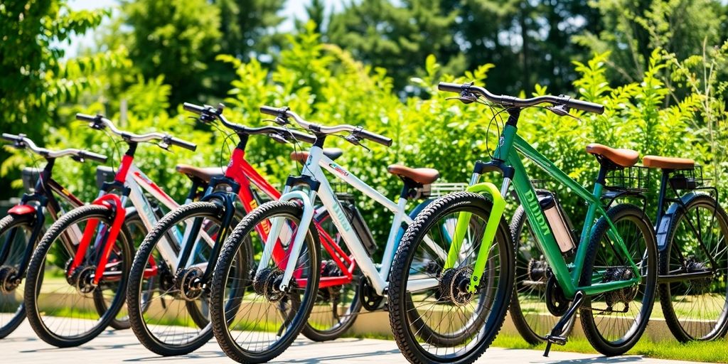 Colorful eco bikes displayed in a scenic outdoor setting.
