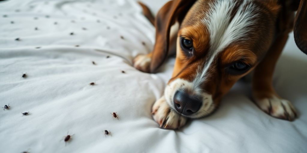 Pet sitting on a bed, potential for bed bugs.
