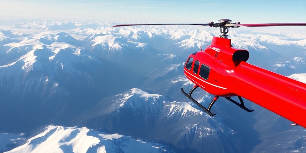 A helicopter flies over majestic, snow-covered Alaskan mountains.