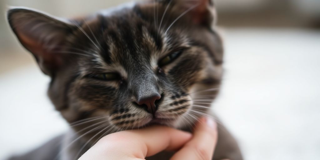 Owner gently petting cat, preventing bites.