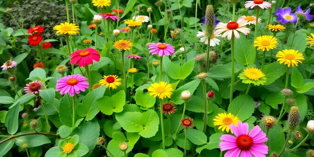 Bunte Blumen und Nützlinge in einem Pestizid-freien Garten.