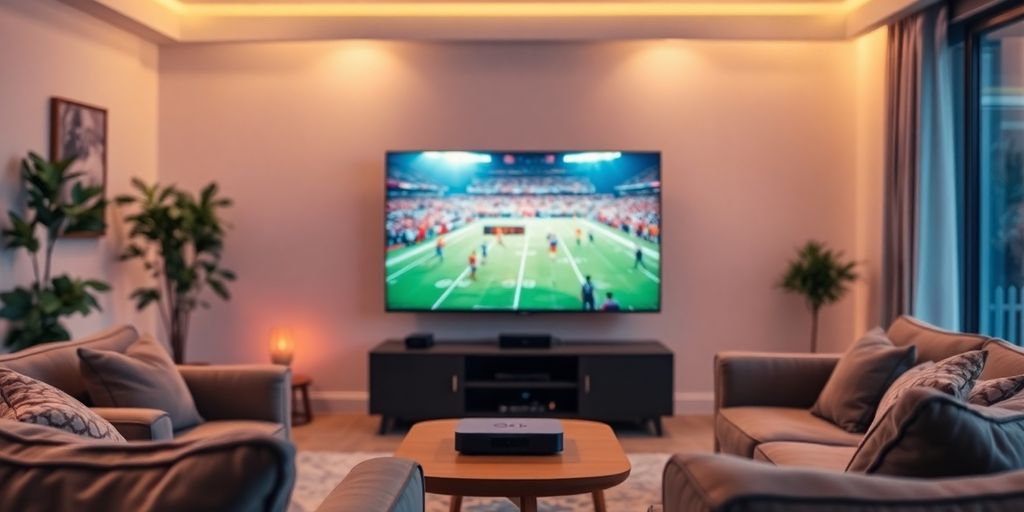 غرفة معيشة حديثة مع جهاز IPTV وتلفاز.