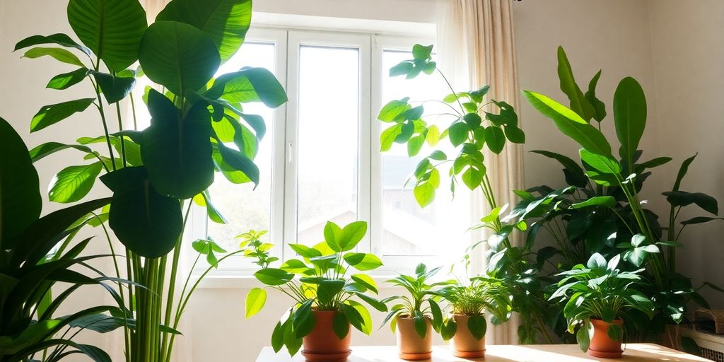 Bright indoor space, diverse plants, sunlight through window.