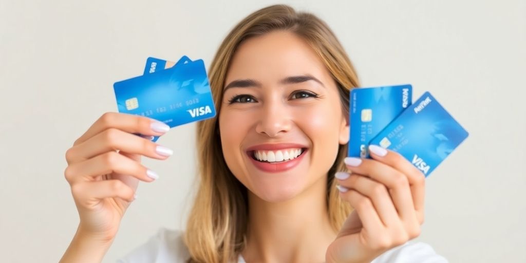 Woman happily holding a stack of credit cards.