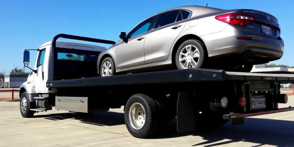 Flatbed towing truck with a vehicle on it.