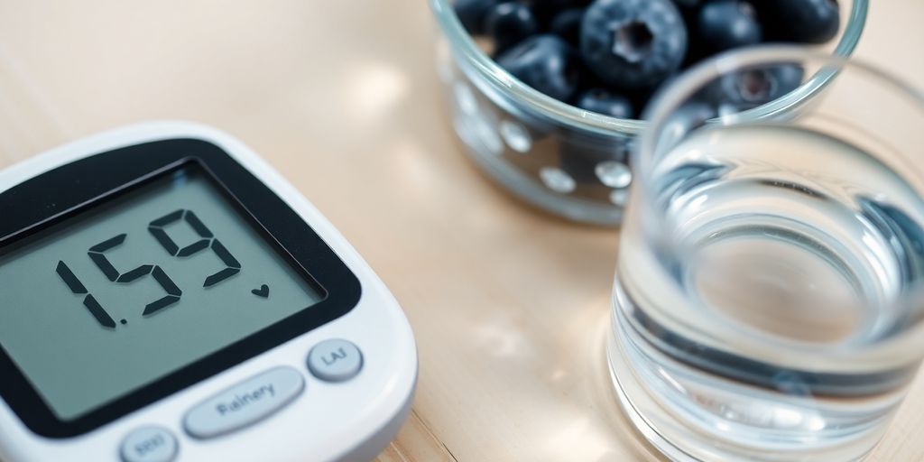 Blood sugar monitor, fruit, and water.
