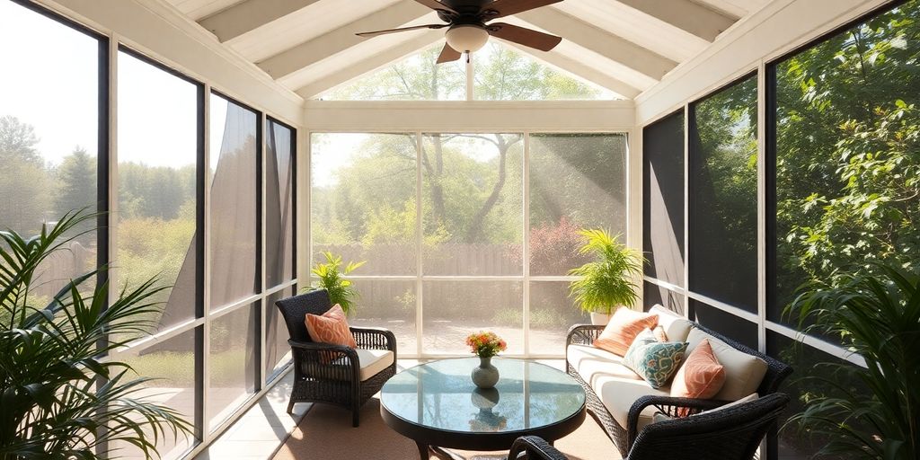 Outdoor room with insect screens and lush greenery.