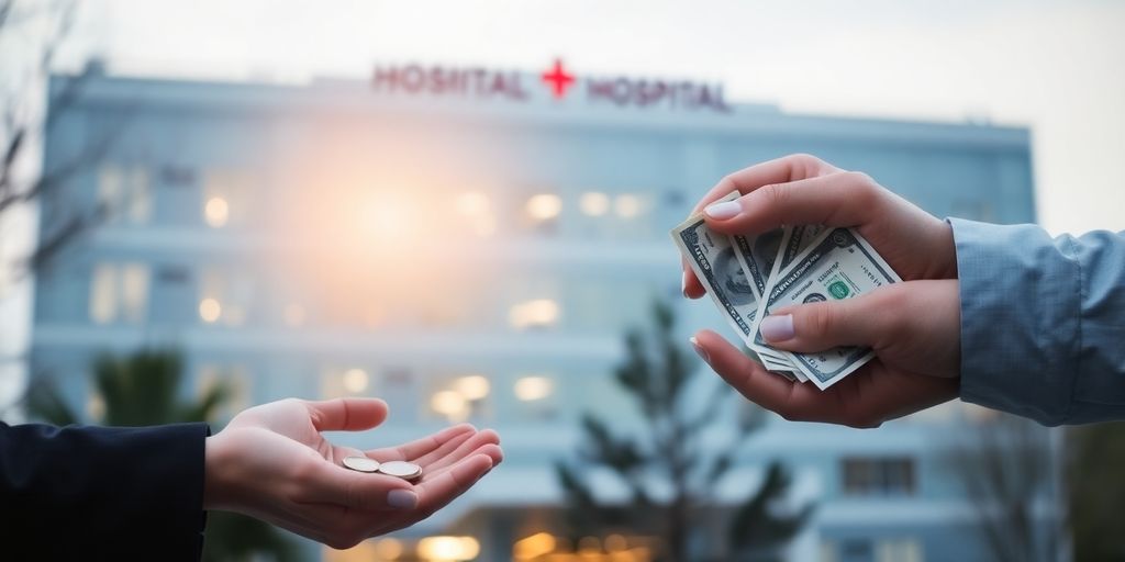 Hôpital moderne avec des mains donnant de l'argent.