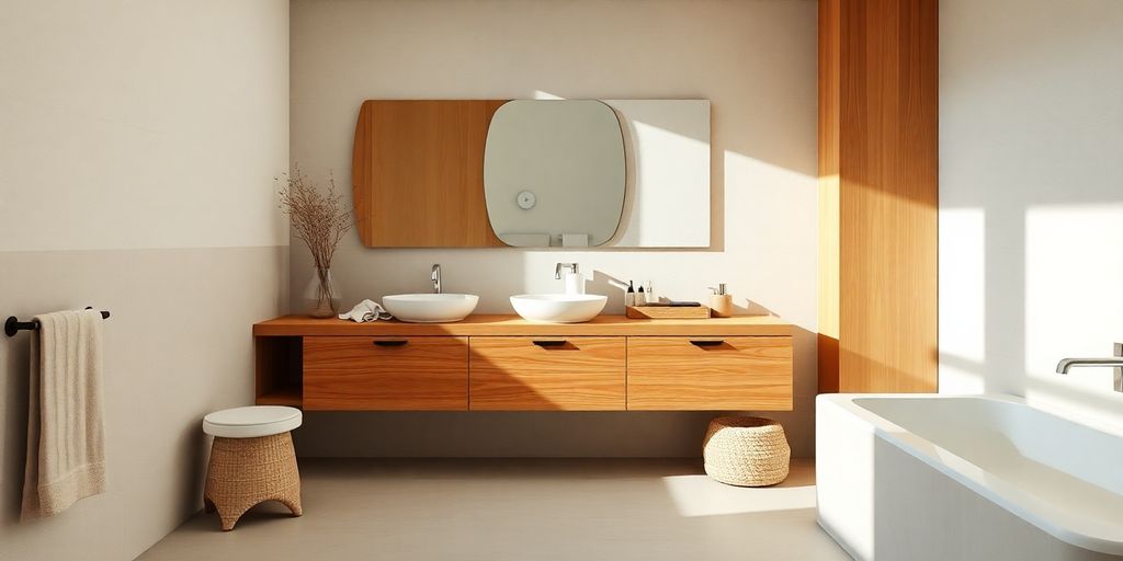 Serene Japandi bathroom with natural materials and clean lines.