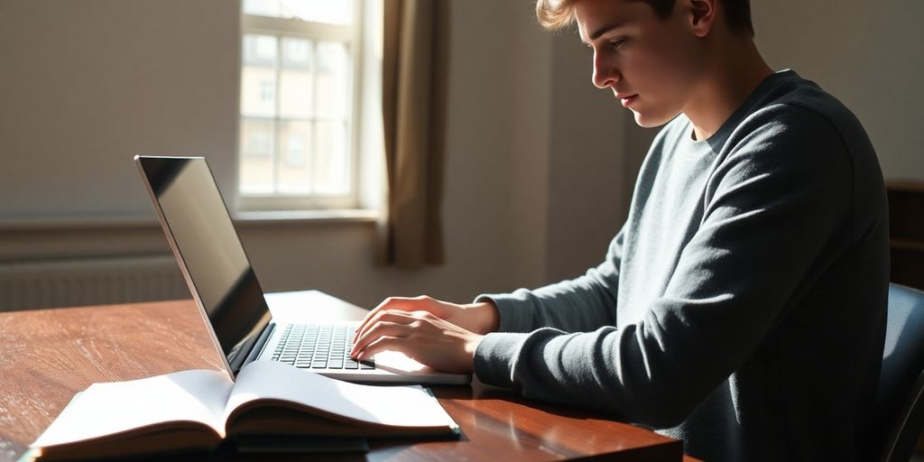 Student typing dissertation on laptop, open notebook
