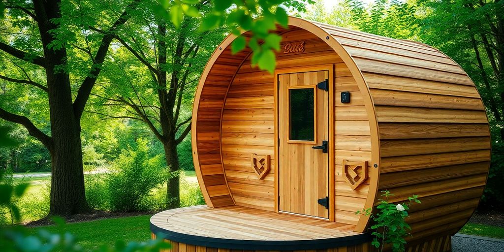 Wooden barrel sauna in a serene outdoor setting.