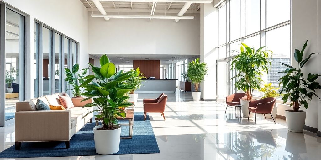 Clean office lobby with seating and natural light.