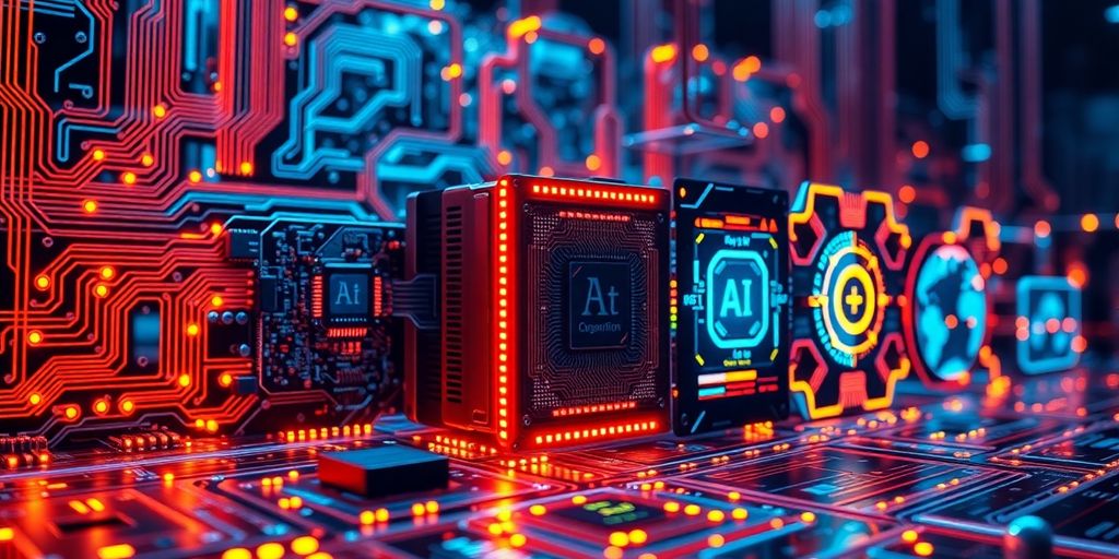 Quantum computer and AI elements in a vibrant setting.