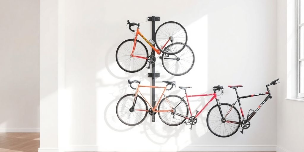 Vertical bike mount on wall with multiple bikes attached.