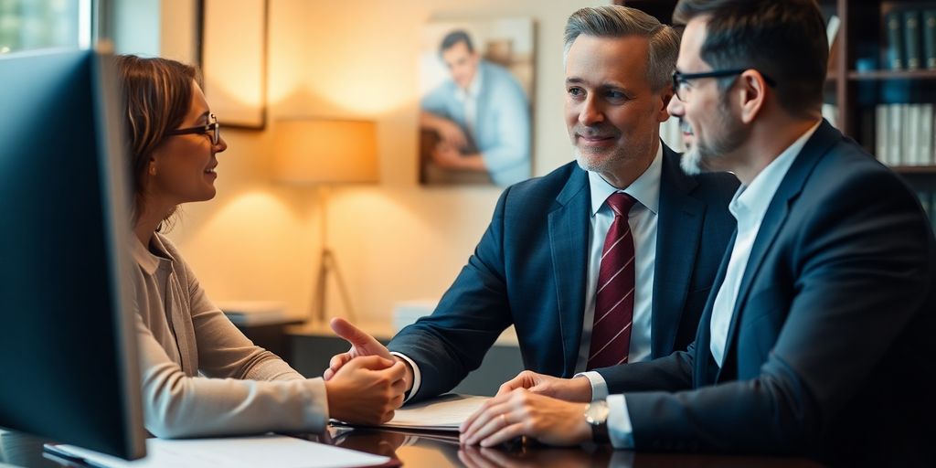 Lawyer consulting with a client in a professional office.