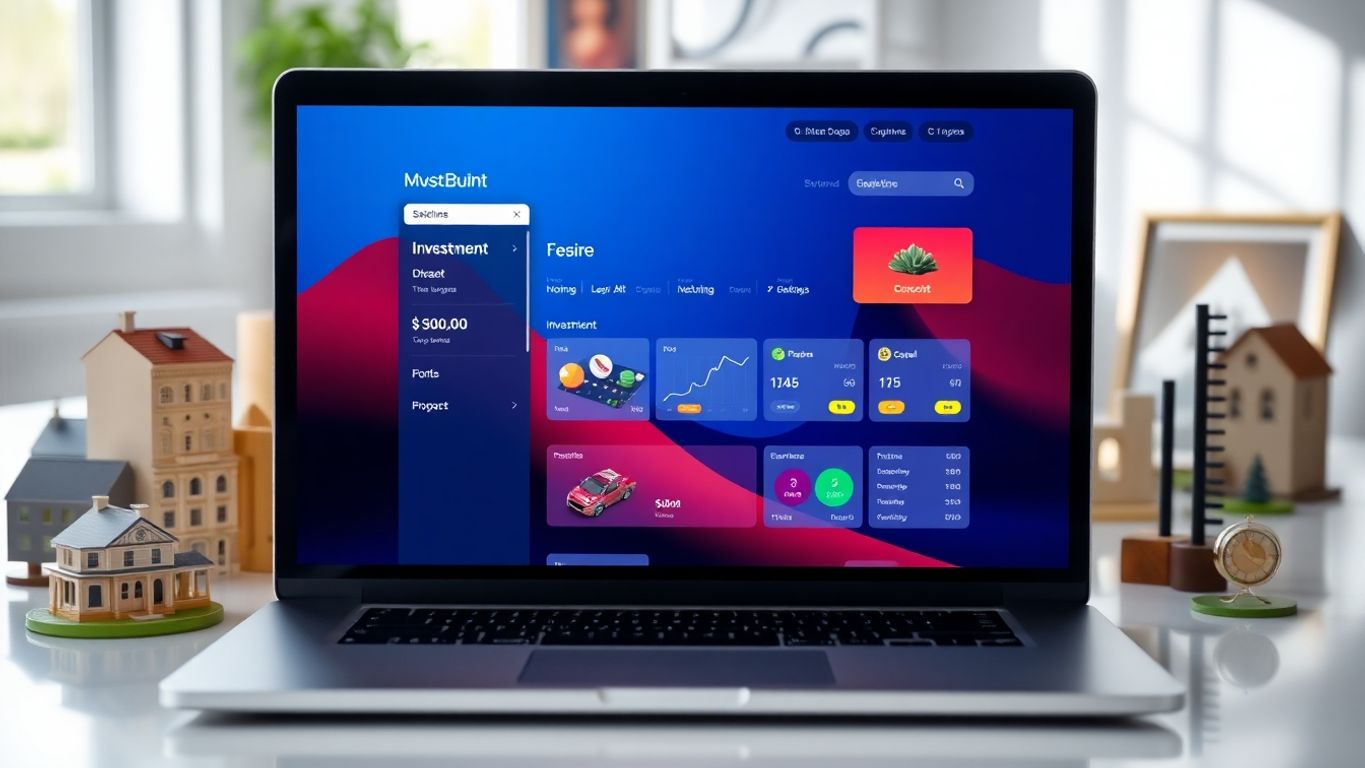 Laptop with investment platform surrounded by financial assets.