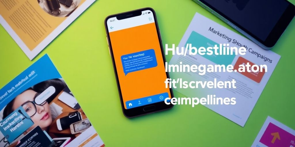 Smartphone with messaging app and marketing materials around it.