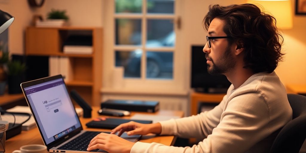 Person using laptop in a home office.