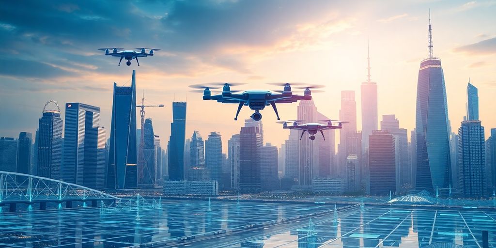 Futuristic skyline with drones amidst advanced technology.