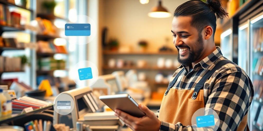 Small business owner using mobile payment technology in store.