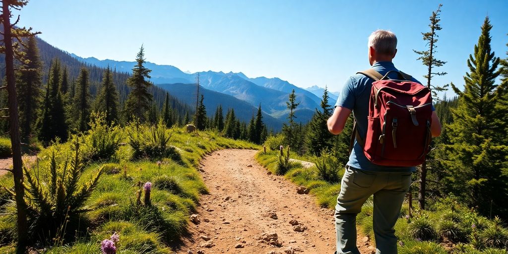 Therapist and patient hike a mountain trail.
