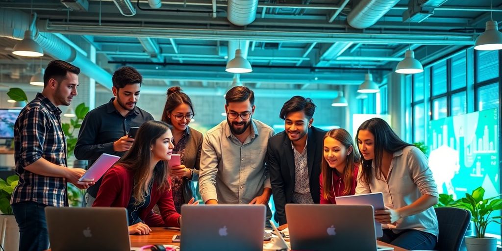 Diverse entrepreneurs collaborating in a bright office space.