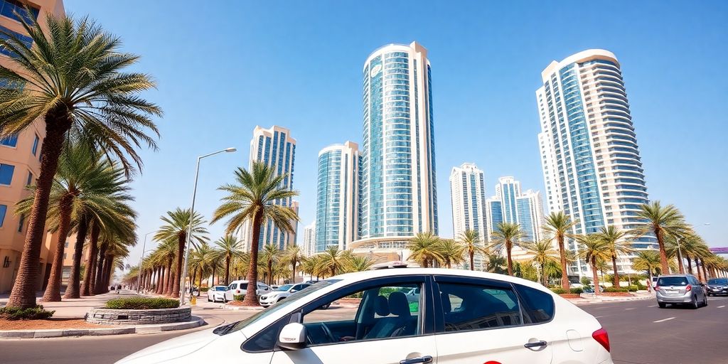 Dubai taxi on a busy street with skyscrapers.