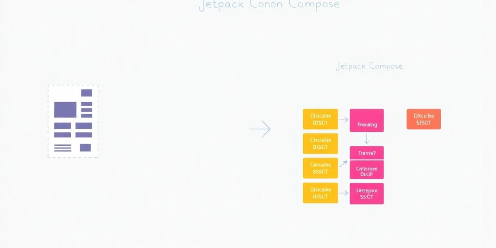 Colorful diagram showing UI sketch transforming into structured Jetpack Compose blocks.
