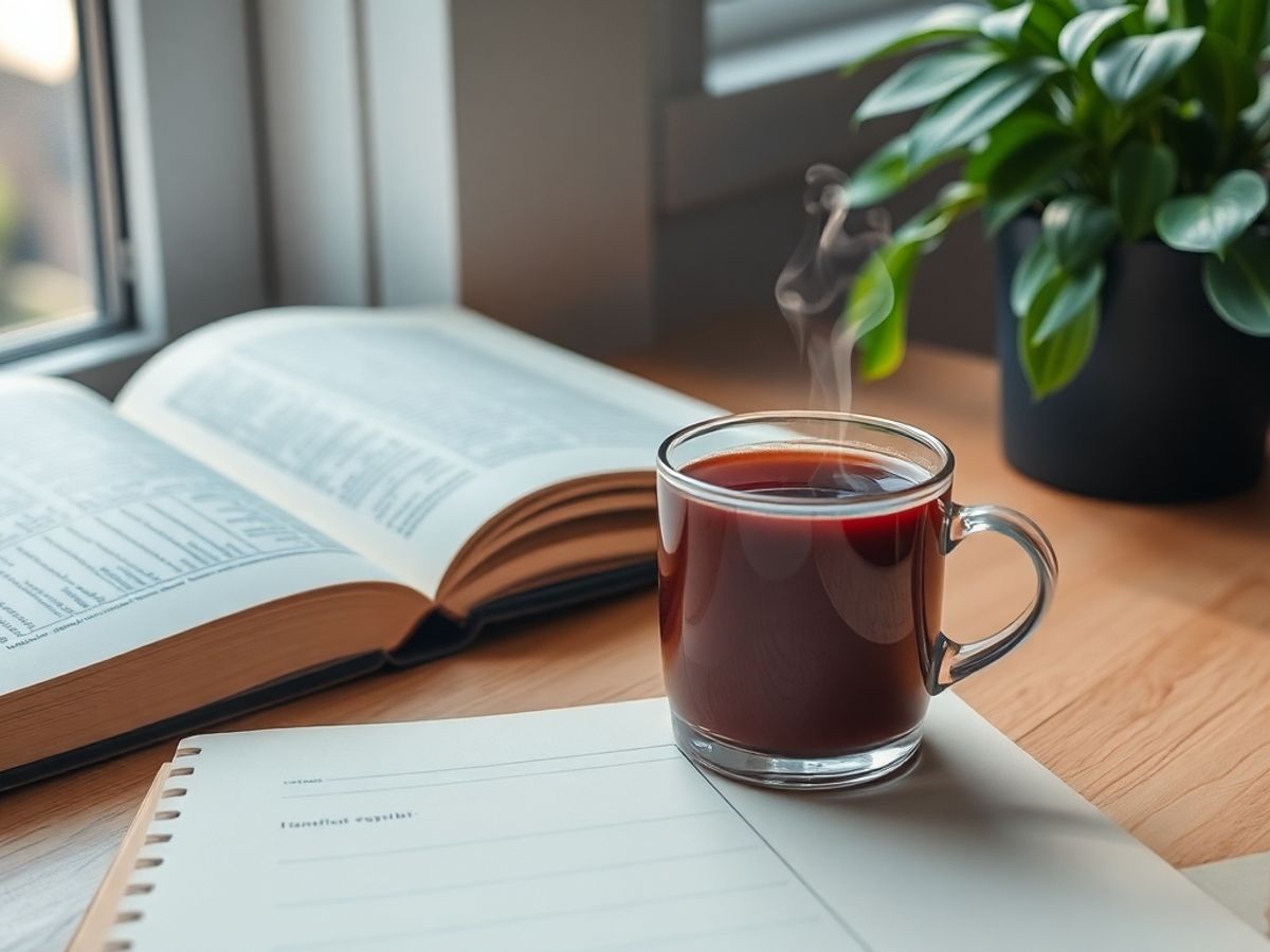 Open book, coffee cup, and green plant on desk.