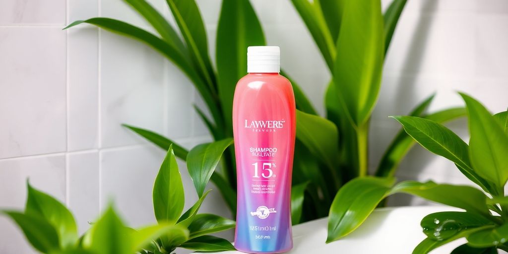 Shampoo bottle on a green plant background with water droplets.