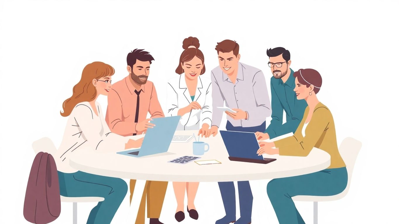 Profesjonelle som samarbeider om innovasjon i forretningsutvikling.