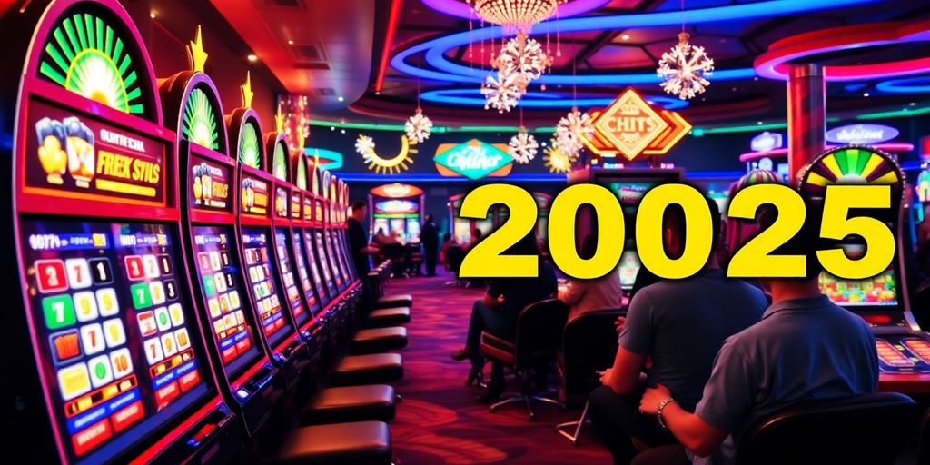 Casino scene with slot machines and poker chips.