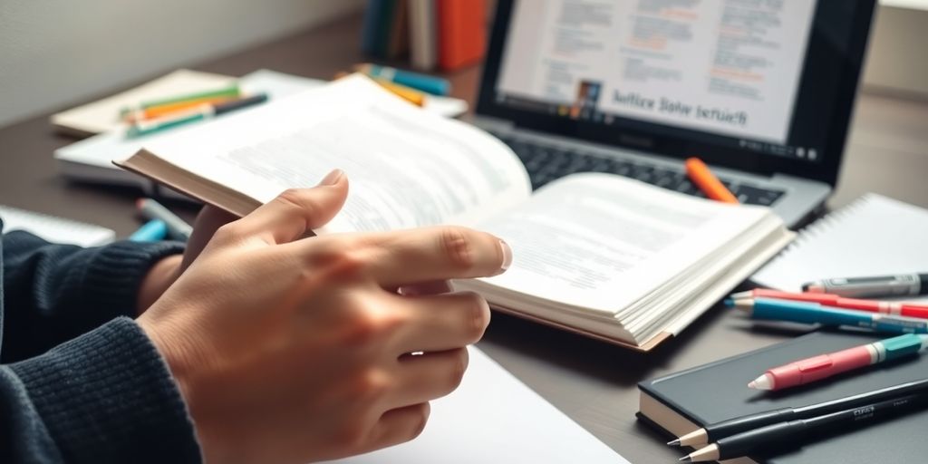 Student holds book with laptop and study materials.