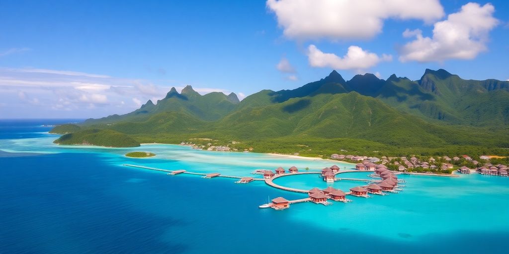 Luftaufnahme der türkisfarbenen Lagune von Bora Bora und der Bungalows.