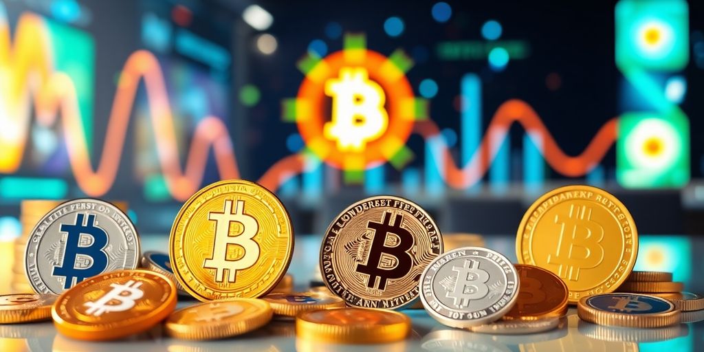Imagem fotográfica de criptomoedas em uma mesa.