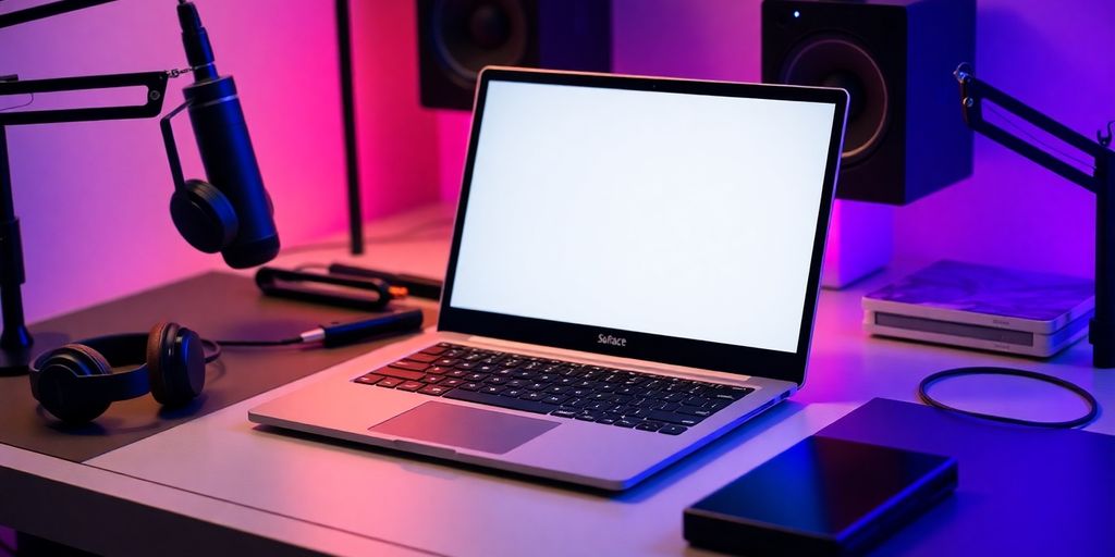 Microsoft Surface Laptop 4 on a desk with podcast gear.