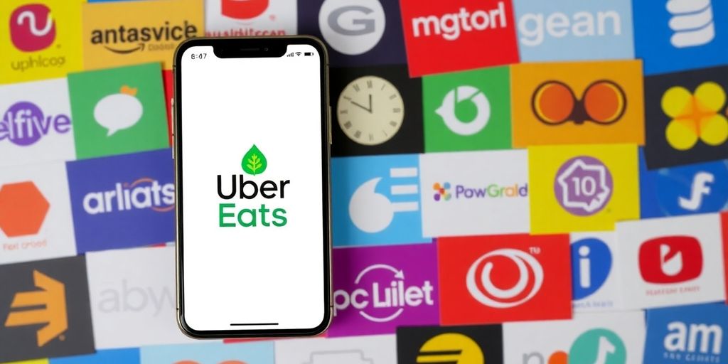 Logos of online retailers next to a smartphone with Uber Eats.