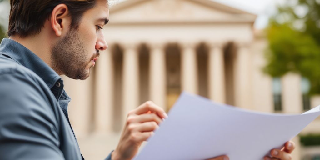 Person analyzing legal documents with courthouse in background.