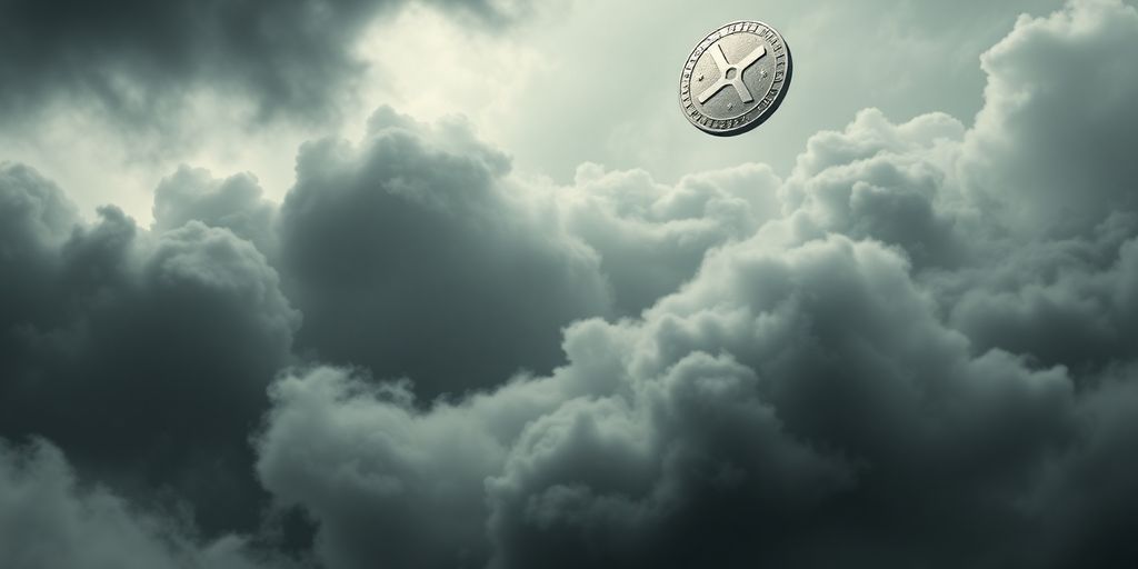 XRP coin with upward motion and clouds.