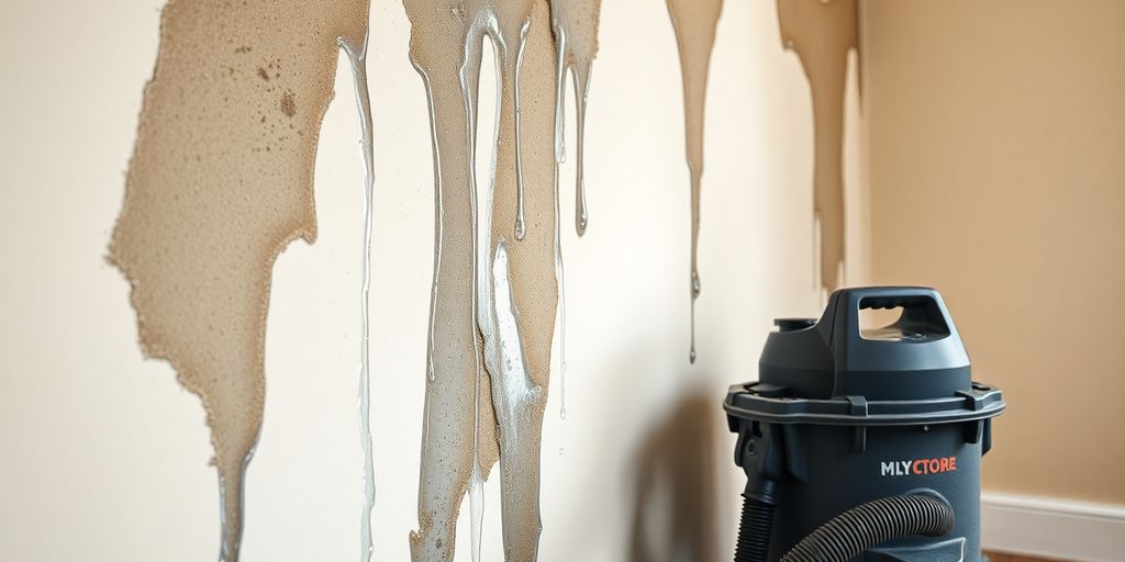 Close-up of water damage and restoration tools.