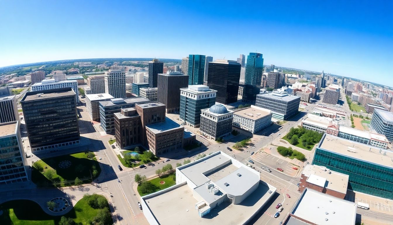Omaha skyline featuring modern buildings and greenery.