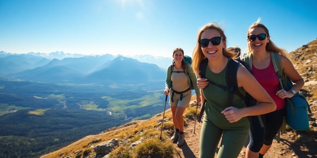 Hikers on mountain trail, scenic view.