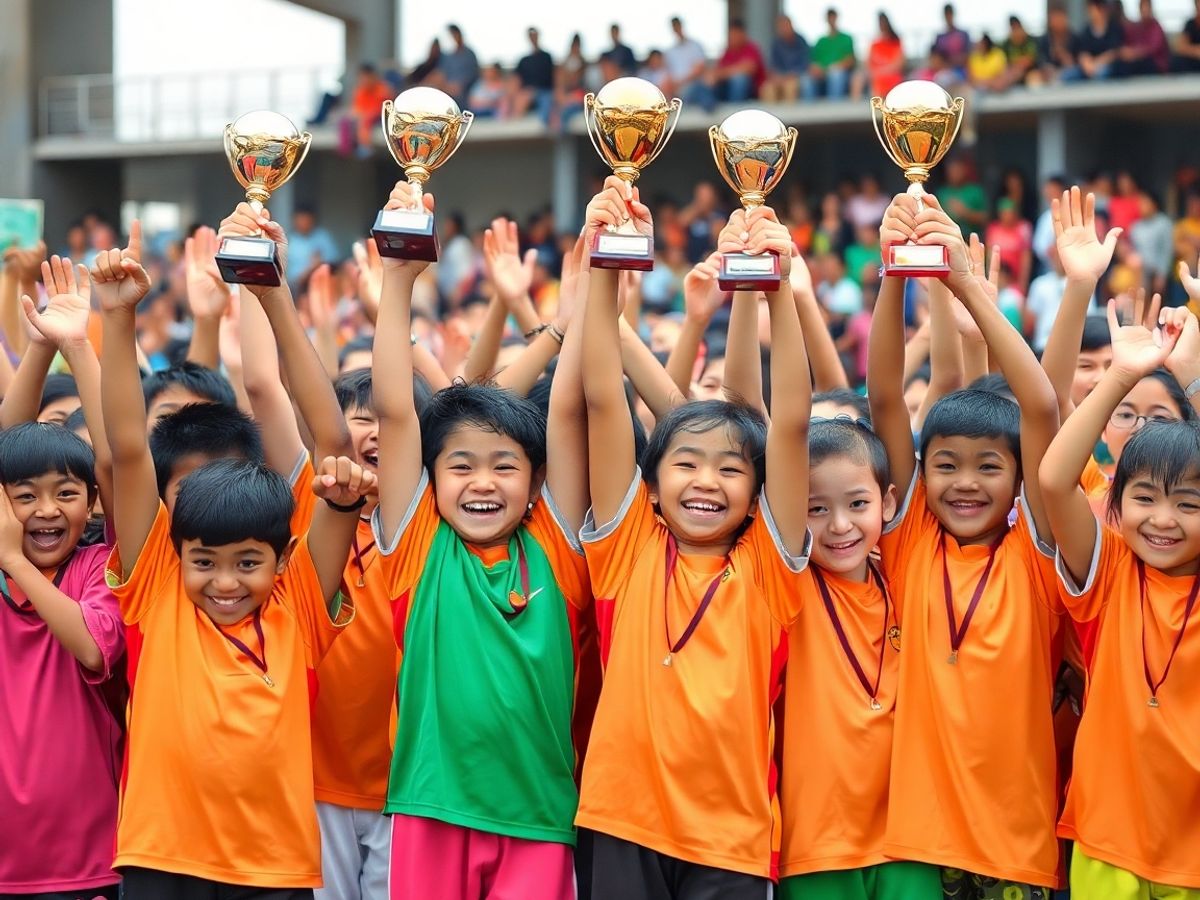 Copii fericiți cu trofee, bucurie și sprijin comunitar.