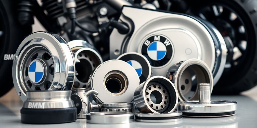 Gleaming BMW spare parts arranged neatly on a reflective surface.