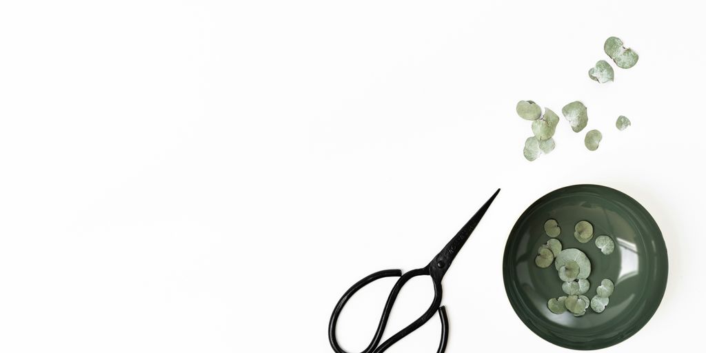 a pair of scissors sitting next to a bowl of flowers