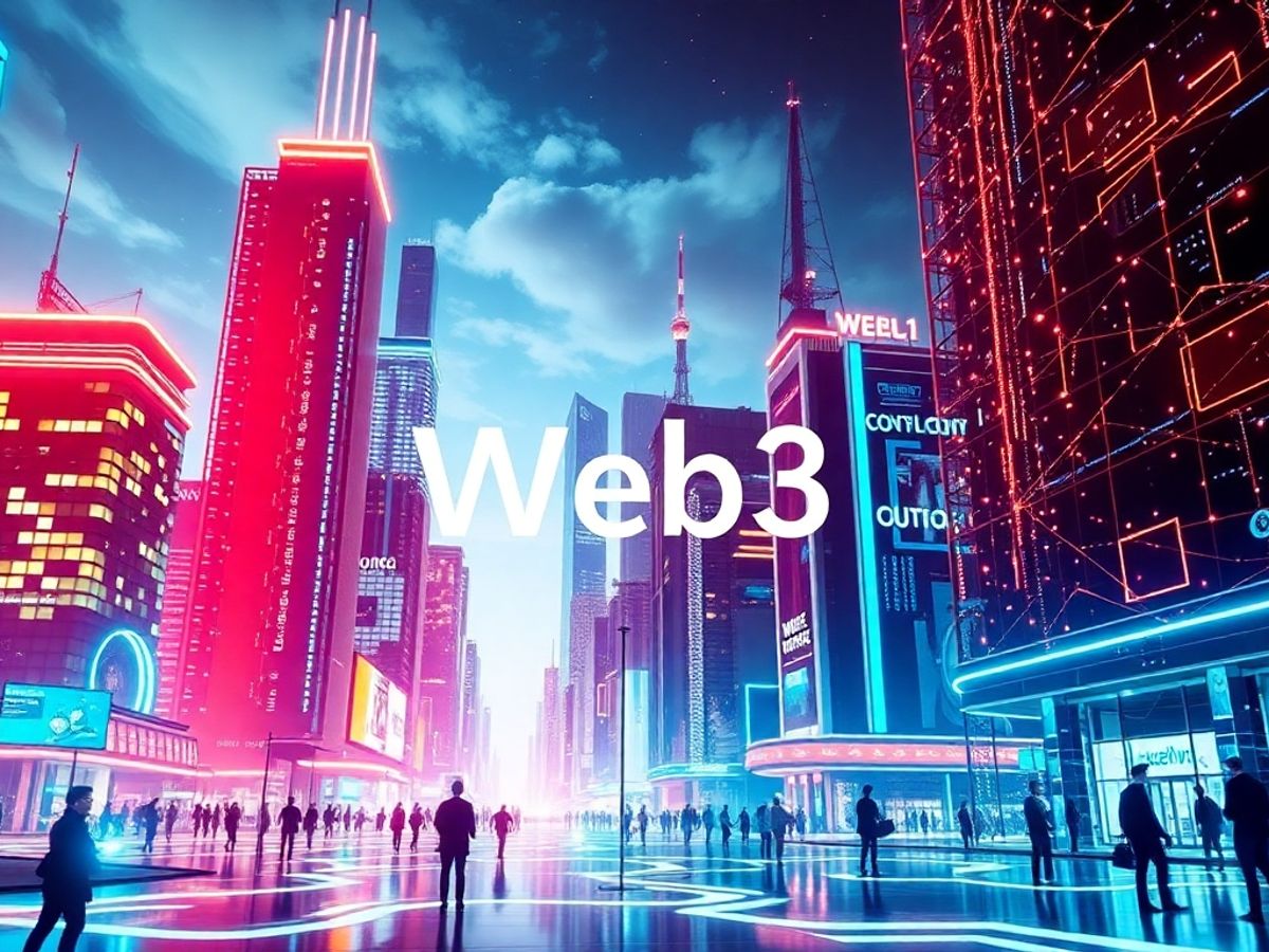 Futuristic city with digital elements and bright colors.